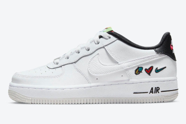 Nike Air Force 1 Low GS 'Peace, Love, Swoosh' DM8154-100 - Classic design with a vibrant twist for a stylish statement.